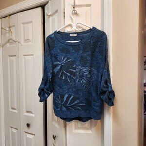 [M] ANGELA Blue Patterned Knit Top Women's Medium adjustable sleeves‎